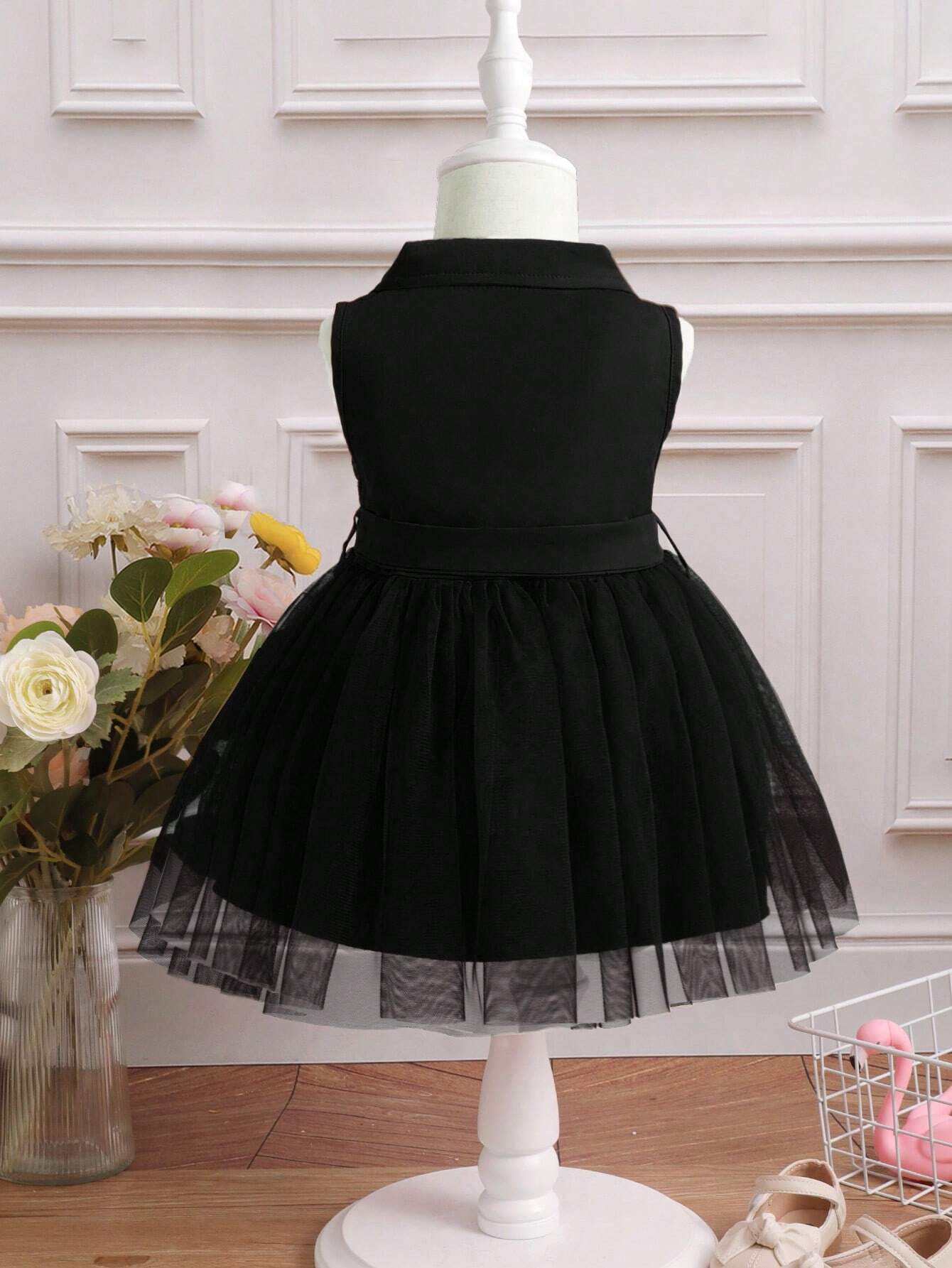 Baby Girl Double Button Mesh Hem Belted Dress