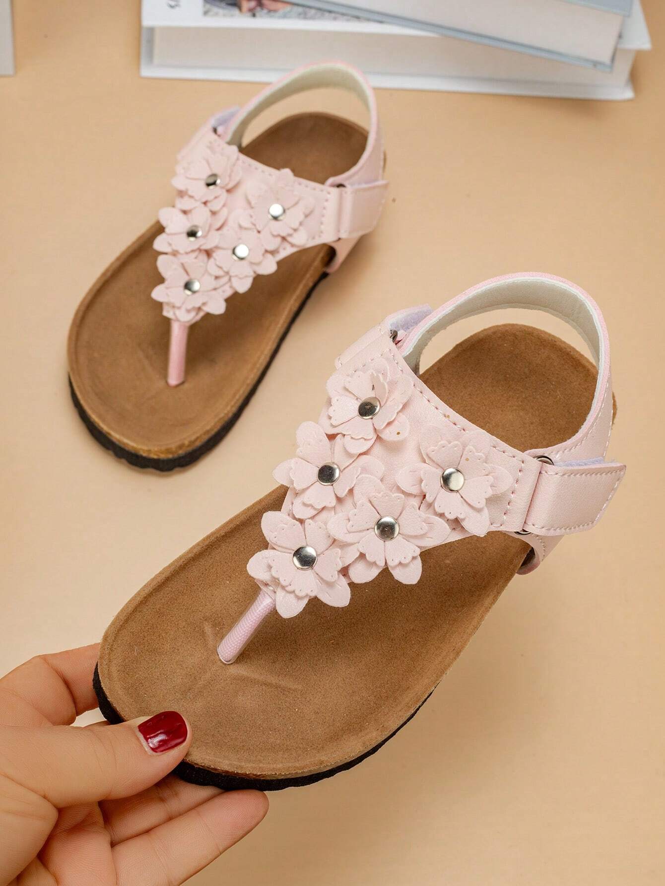 1 Pair Comfortable & Fashionable Cork Sole Flower Decor Flat Sandals Pink