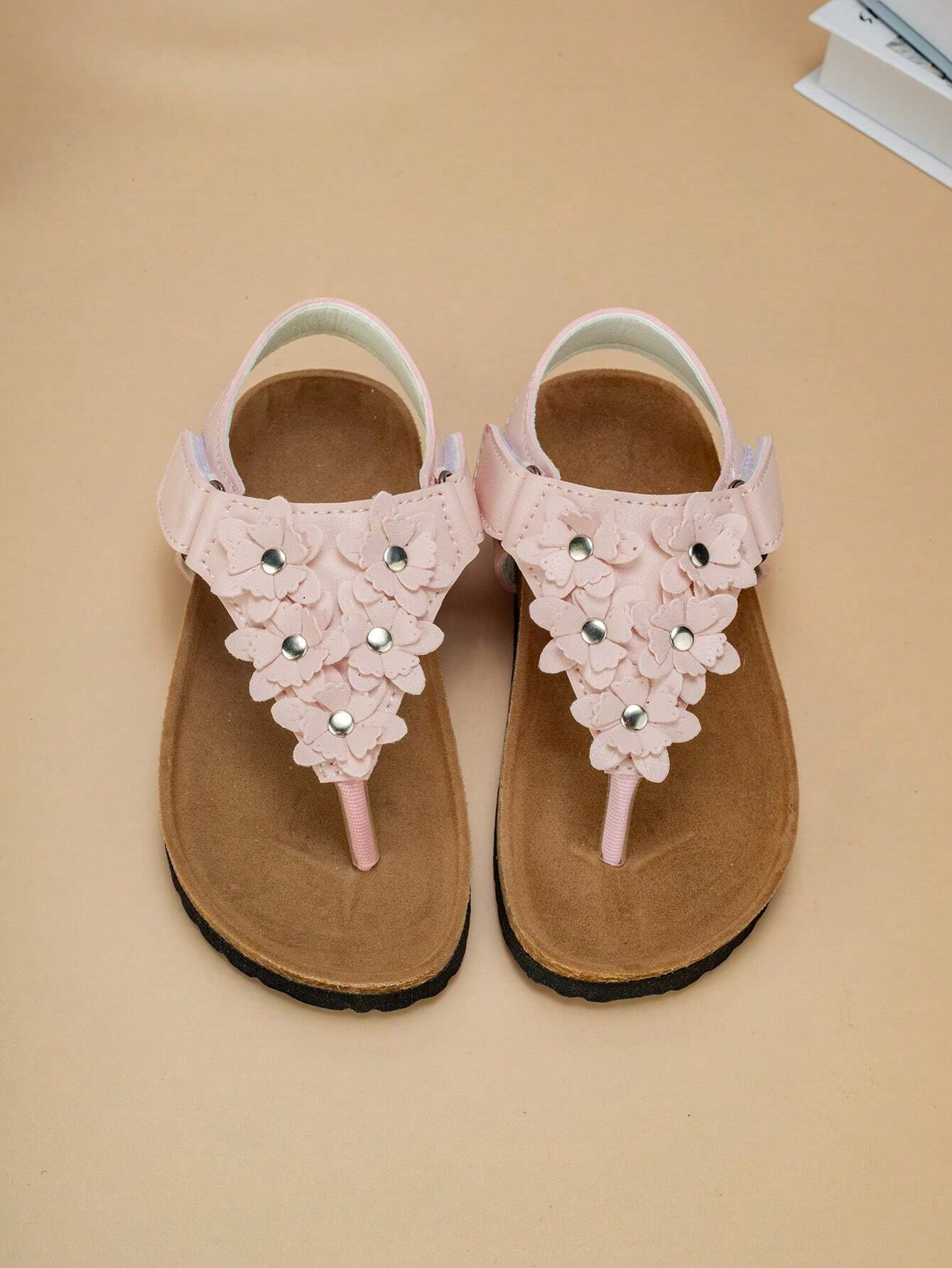 1 Pair Comfortable & Fashionable Cork Sole Flower Decor Flat Sandals