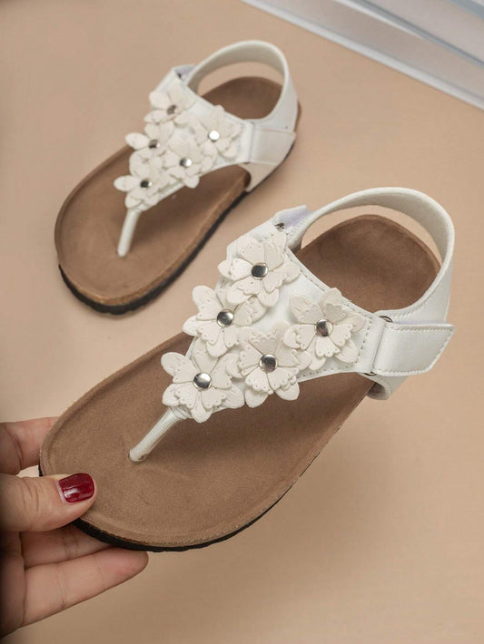 1 Pair Comfortable & Fashionable Cork Sole Flower Decor Flat Sandals White