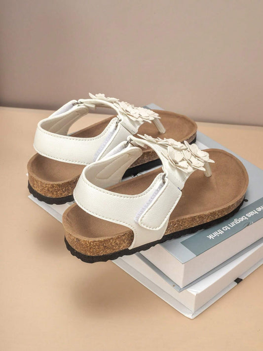 1 Pair Comfortable & Fashionable Cork Sole Flower Decor Flat Sandals