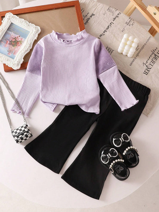 2pcs/Set Infant Beige Long Sleeve Top And Black Pants Outfit Purple