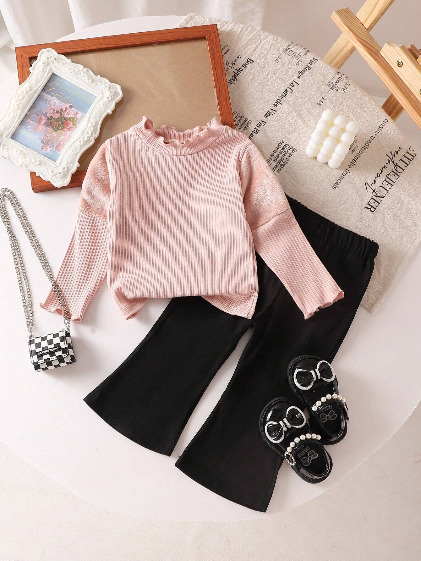 2pcs/Set Infant Beige Long Sleeve Top And Black Pants Outfit Pink