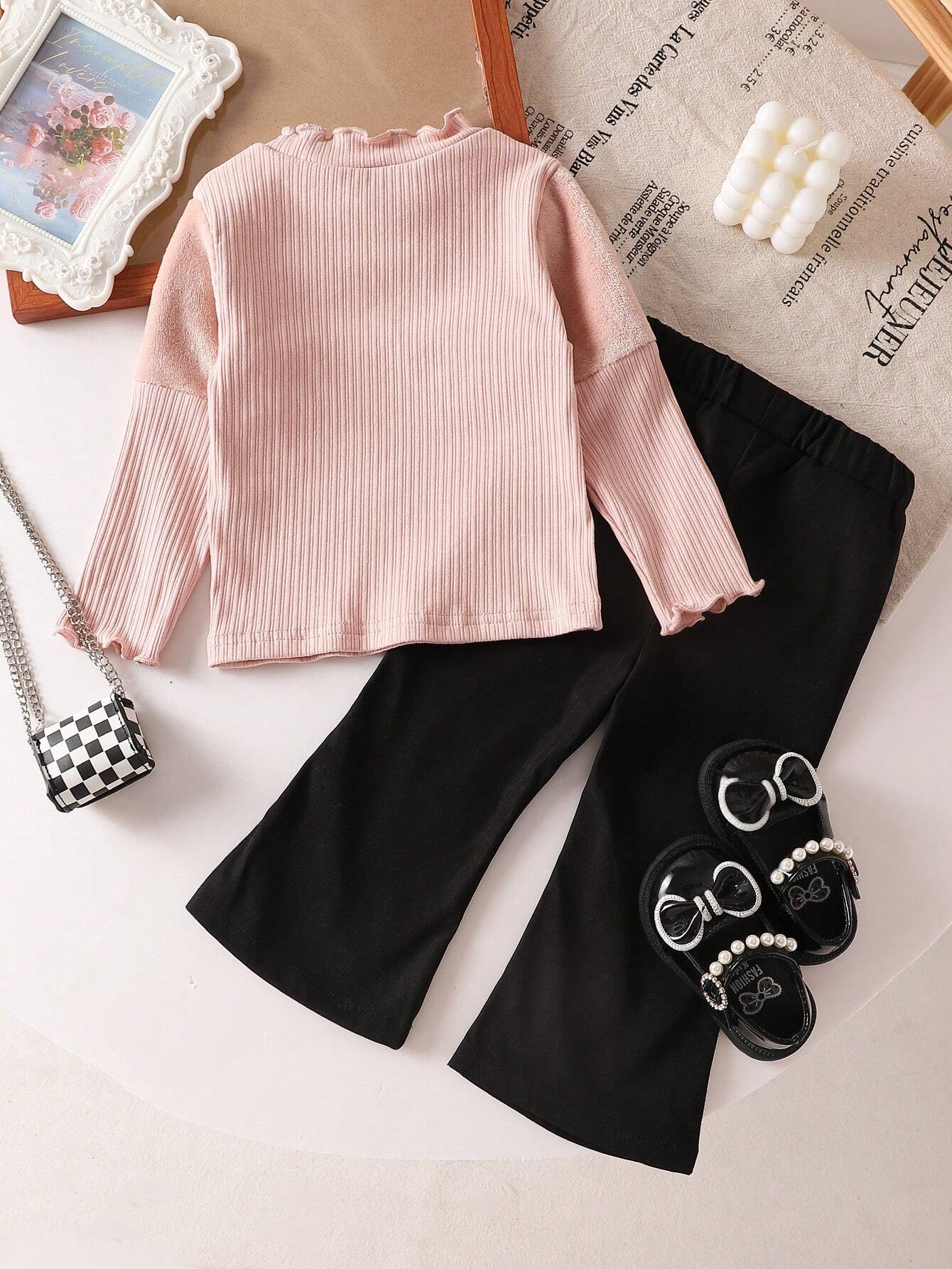 2pcs/Set Infant Beige Long Sleeve Top And Black Pants Outfit