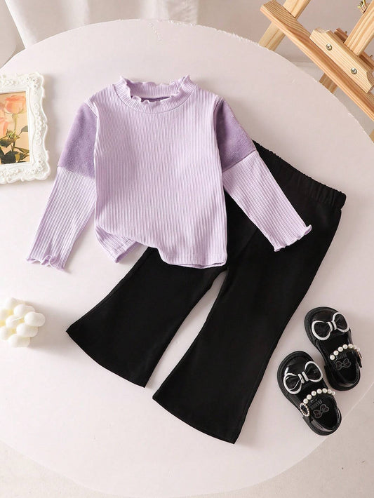 2pcs/Set Infant Beige Long Sleeve Top And Black Pants Outfit