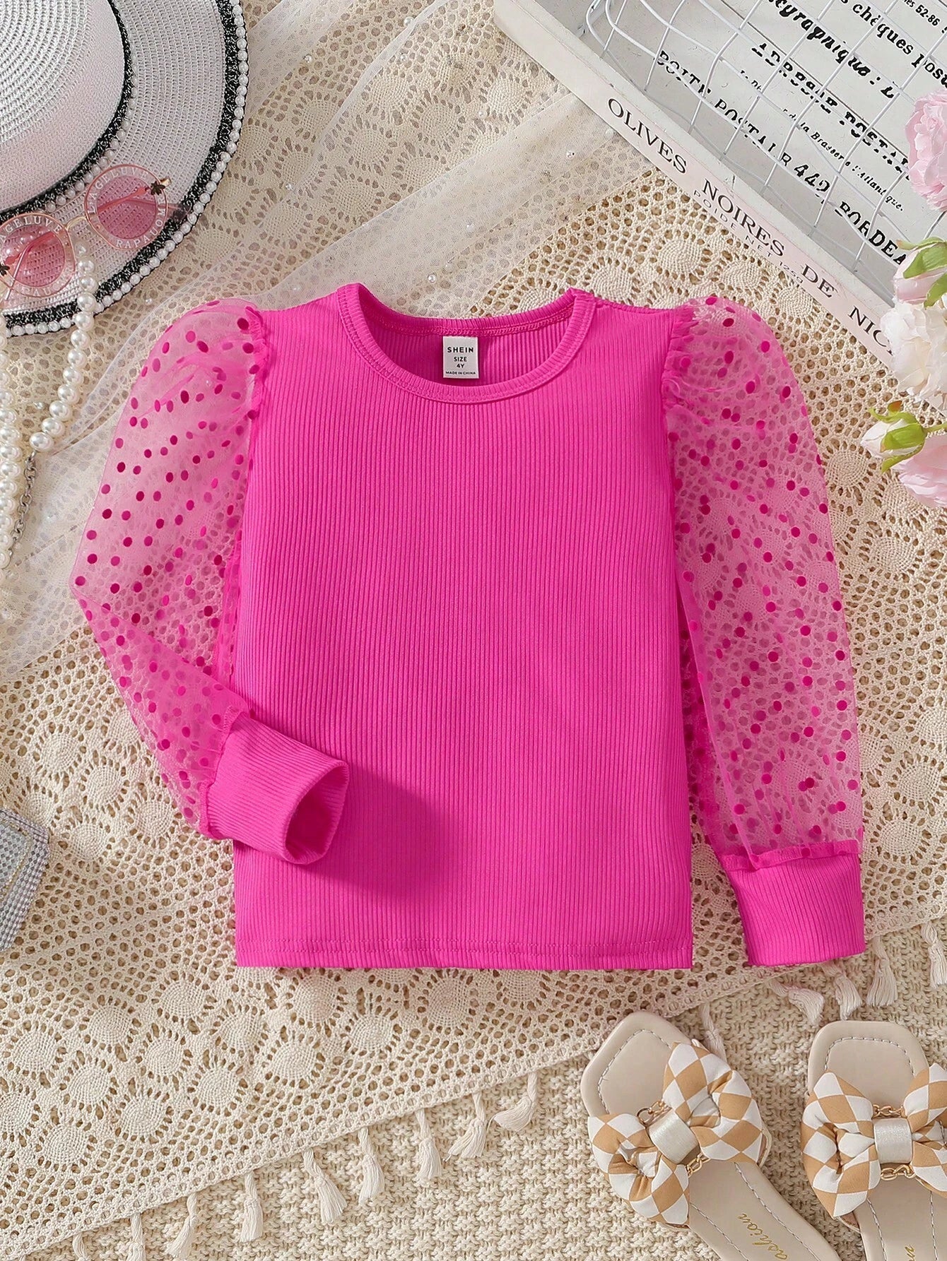 Young Girl Contrast Dobby Mesh Puff Sleeve Tee Hot Pink