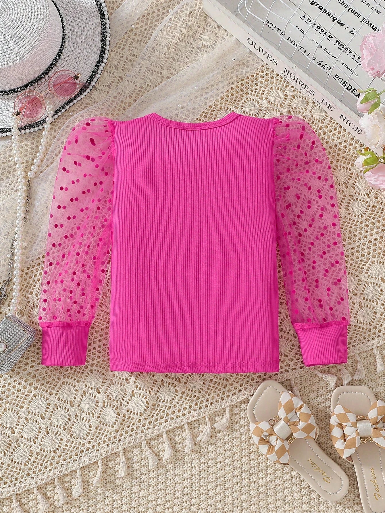 Young Girl Contrast Dobby Mesh Puff Sleeve Tee