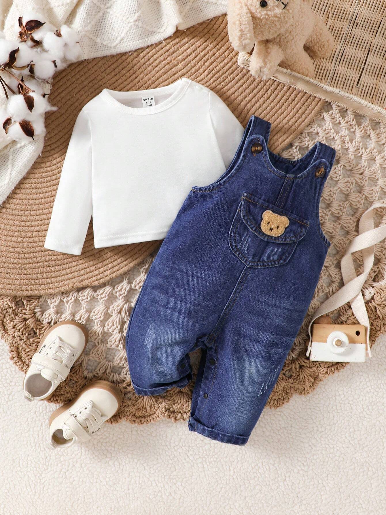 Baby Boys' Striped Printed Long Sleeve Top And Denim Overalls Set Blue 2