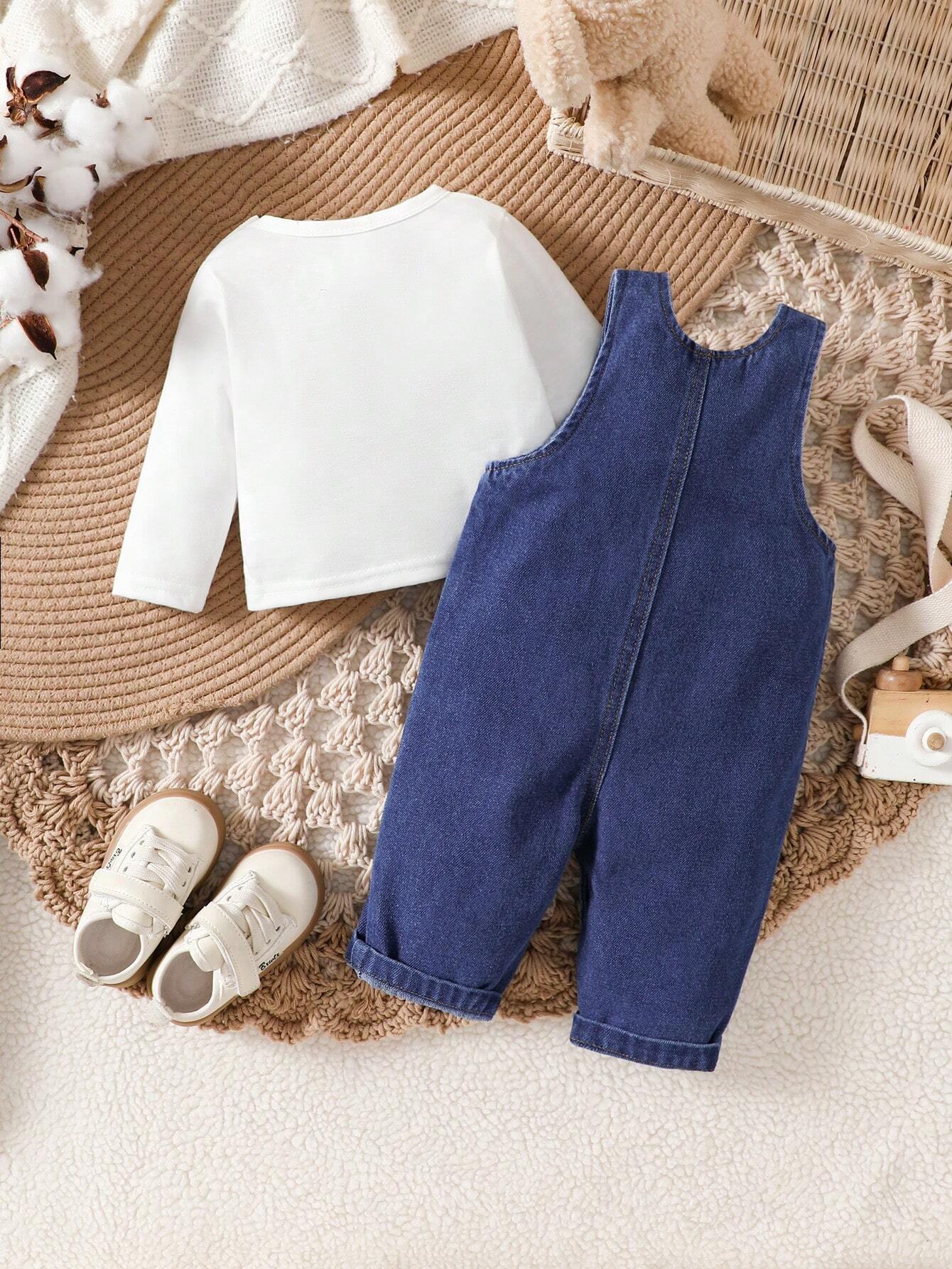 Baby Boys' Striped Printed Long Sleeve Top And Denim Overalls Set