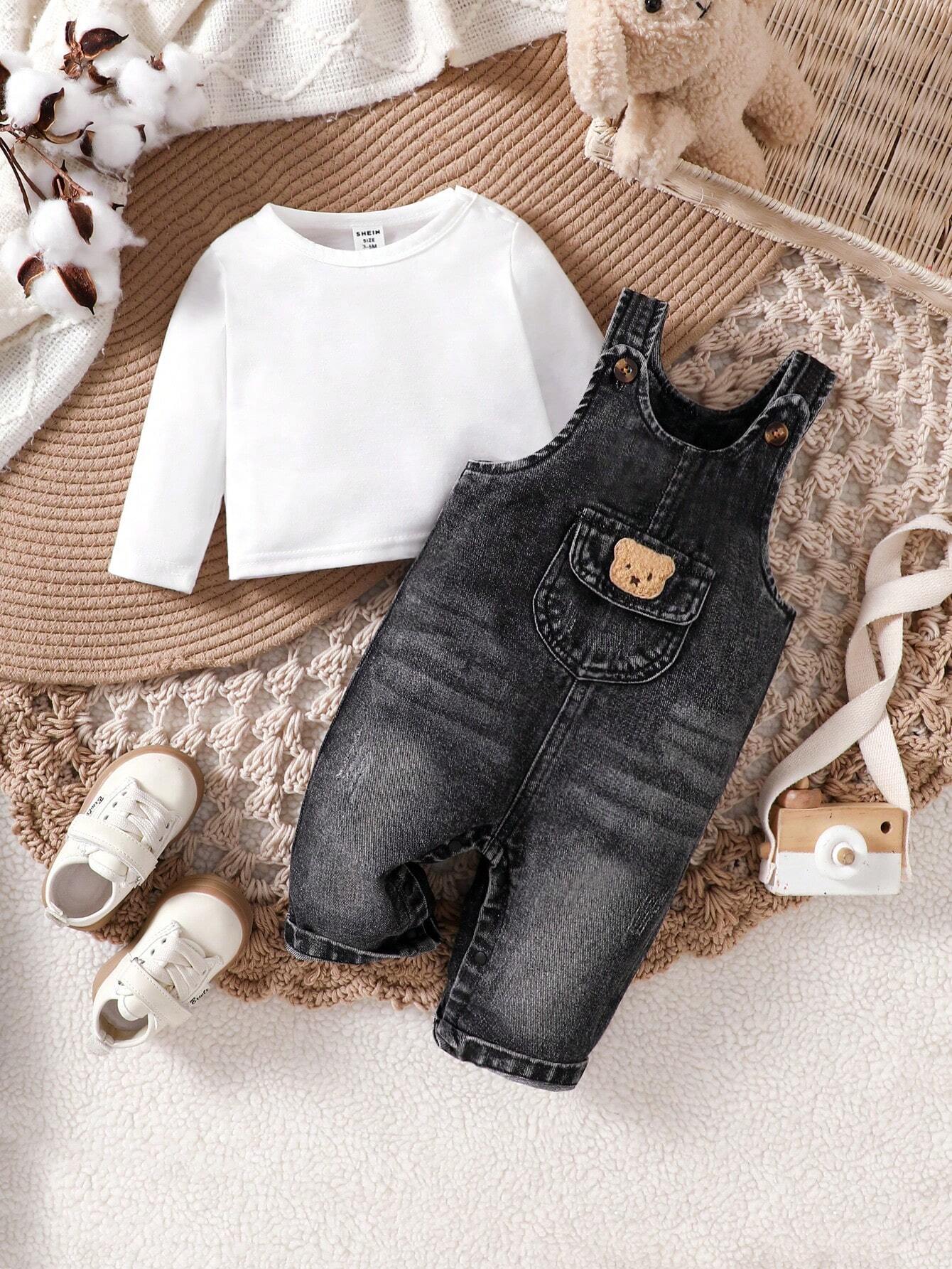 Baby Boys' Striped Printed Long Sleeve Top And Denim Overalls Set Black