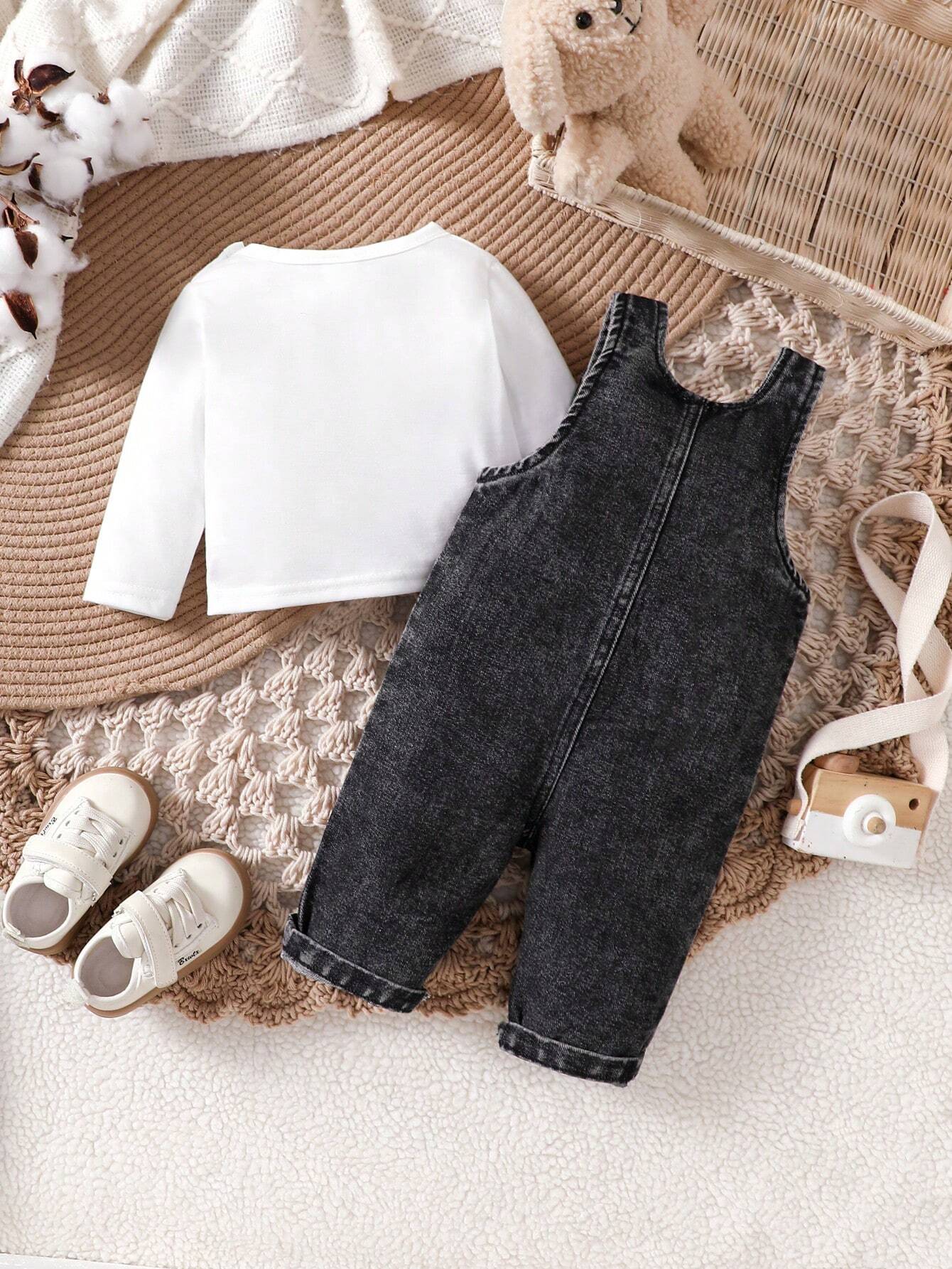 Baby Boys' Striped Printed Long Sleeve Top And Denim Overalls Set