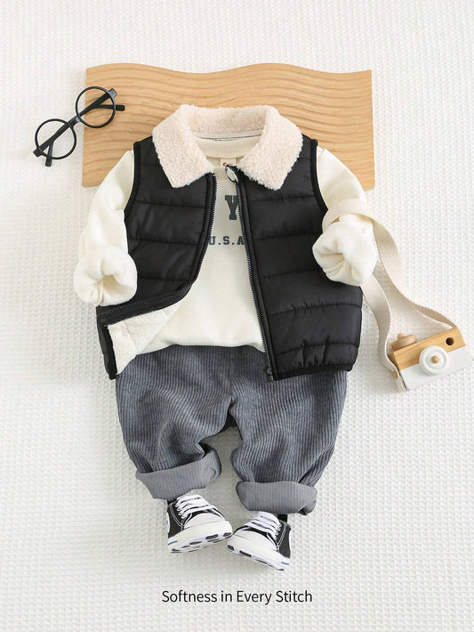 Cozy Pixies 3pcs Baby Boy Set: Letter Print Crewneck Sweatshirt, Fleece-Lined, Sleeveless Vest, And Elastic Waist Joggers Black