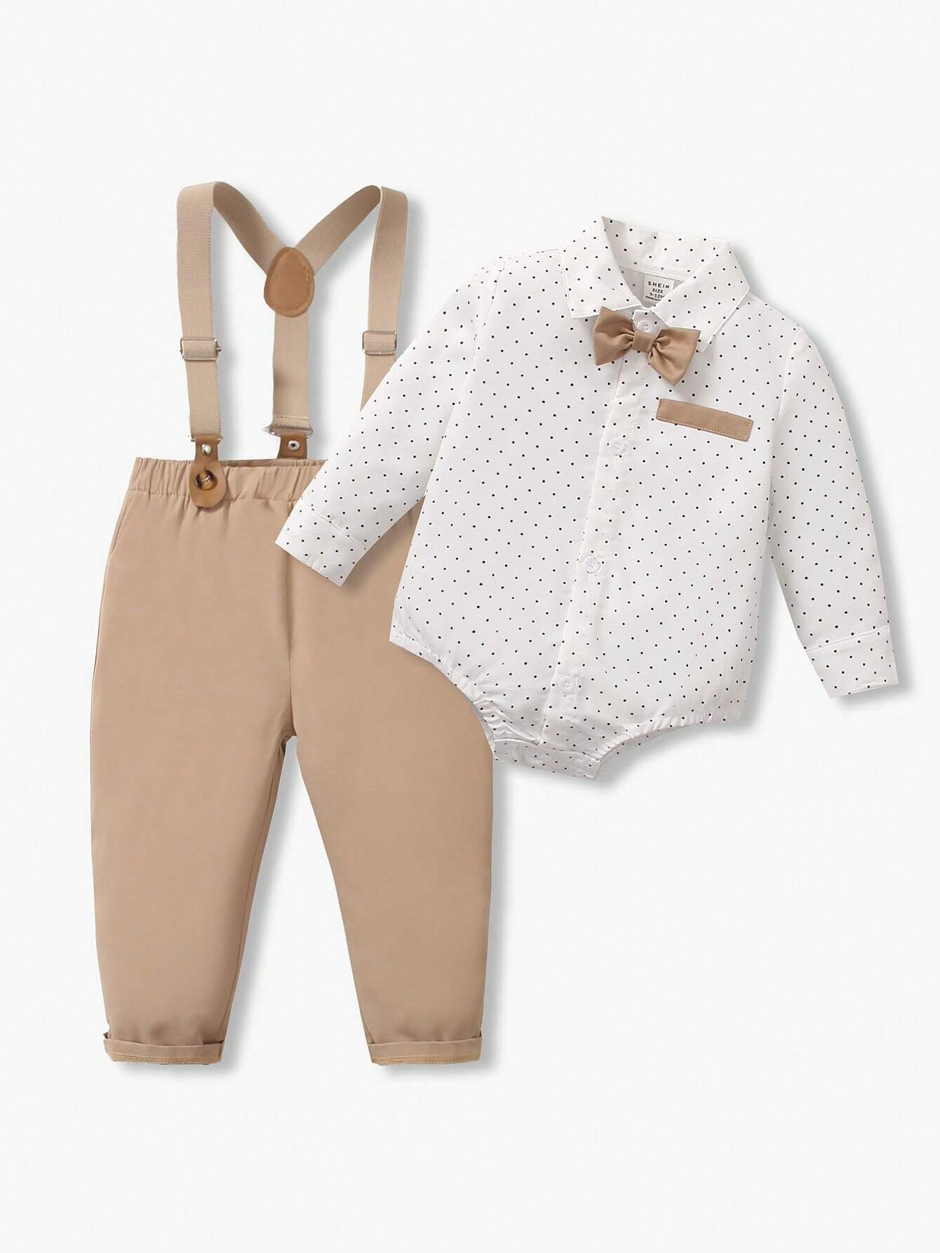 2pcs Baby Boy Gentleman Outfit, Polka Dot Long Sleeve Bowtie Shirt + Comfortable Bib Overalls Pants Multicolor 2