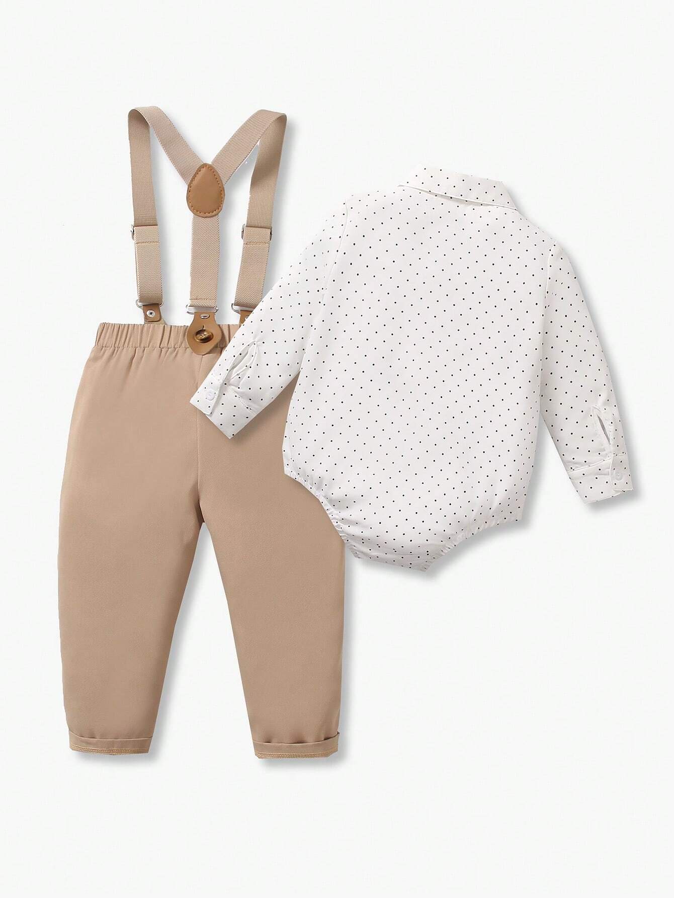 2pcs Baby Boy Gentleman Outfit, Polka Dot Long Sleeve Bowtie Shirt + Comfortable Bib Overalls Pants