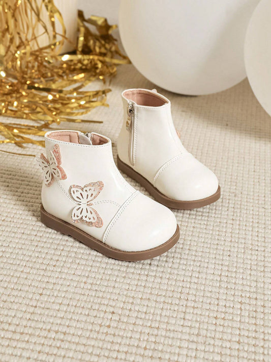 1 Pair Sweet And Cute Butterfly Embellished Girls' Snow Boots White