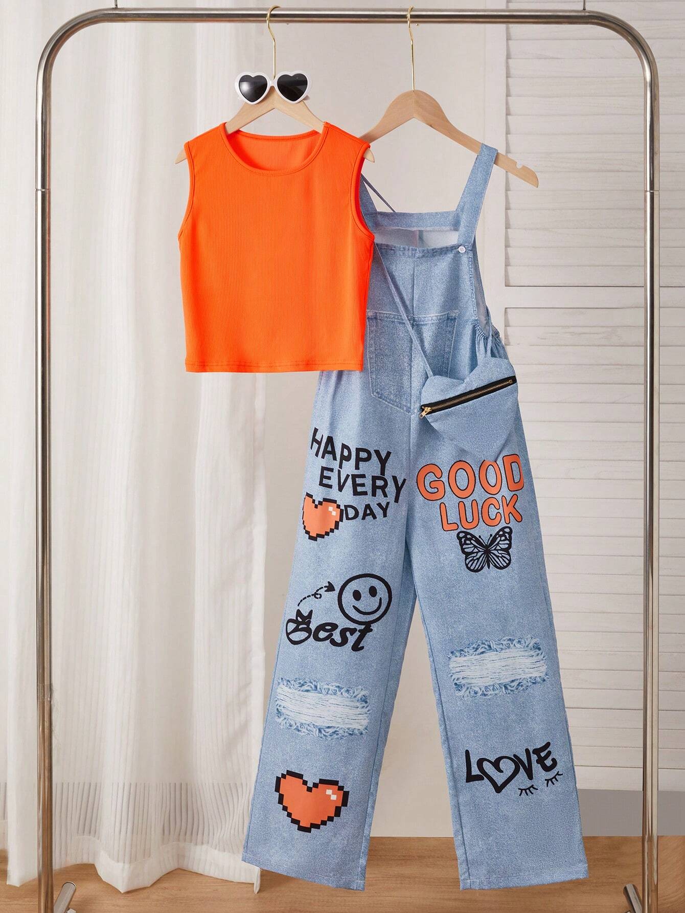 2pcs/Set Tween Girl Casual Denim-Look Printed Overalls And Camisole Tank Top Set Multicolor 4