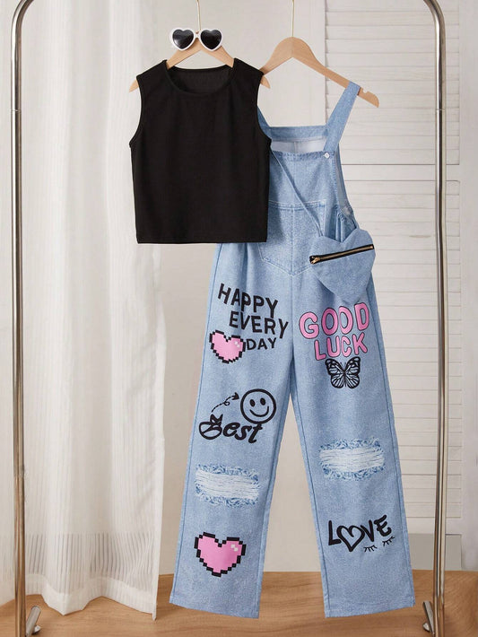 2pcs/Set Tween Girl Casual Denim-Look Printed Overalls And Camisole Tank Top Set Multicolor