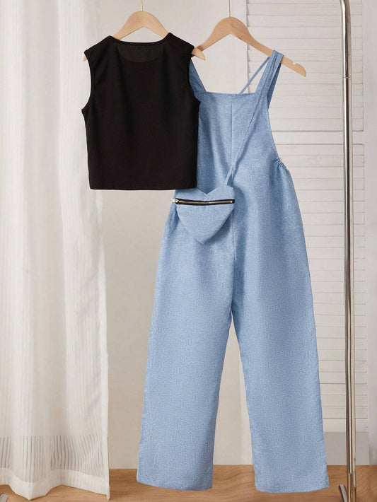 2pcs/Set Tween Girl Casual Denim-Look Printed Overalls And Camisole Tank Top Set