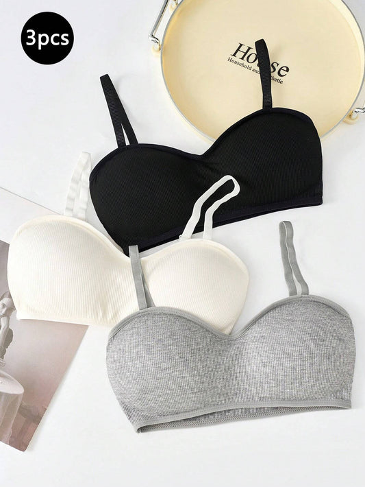 Tween Girl 3pcs Solid Ribbed Cami Bralette Multicolor