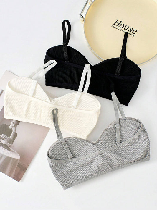 Tween Girl 3pcs Solid Ribbed Cami Bralette
