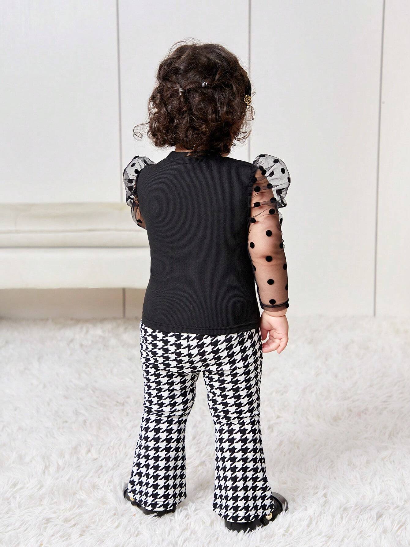 2pcs Baby Girl Cute Knit Panel Polka Dot Mesh Top And Houndstooth Flare Pants Set