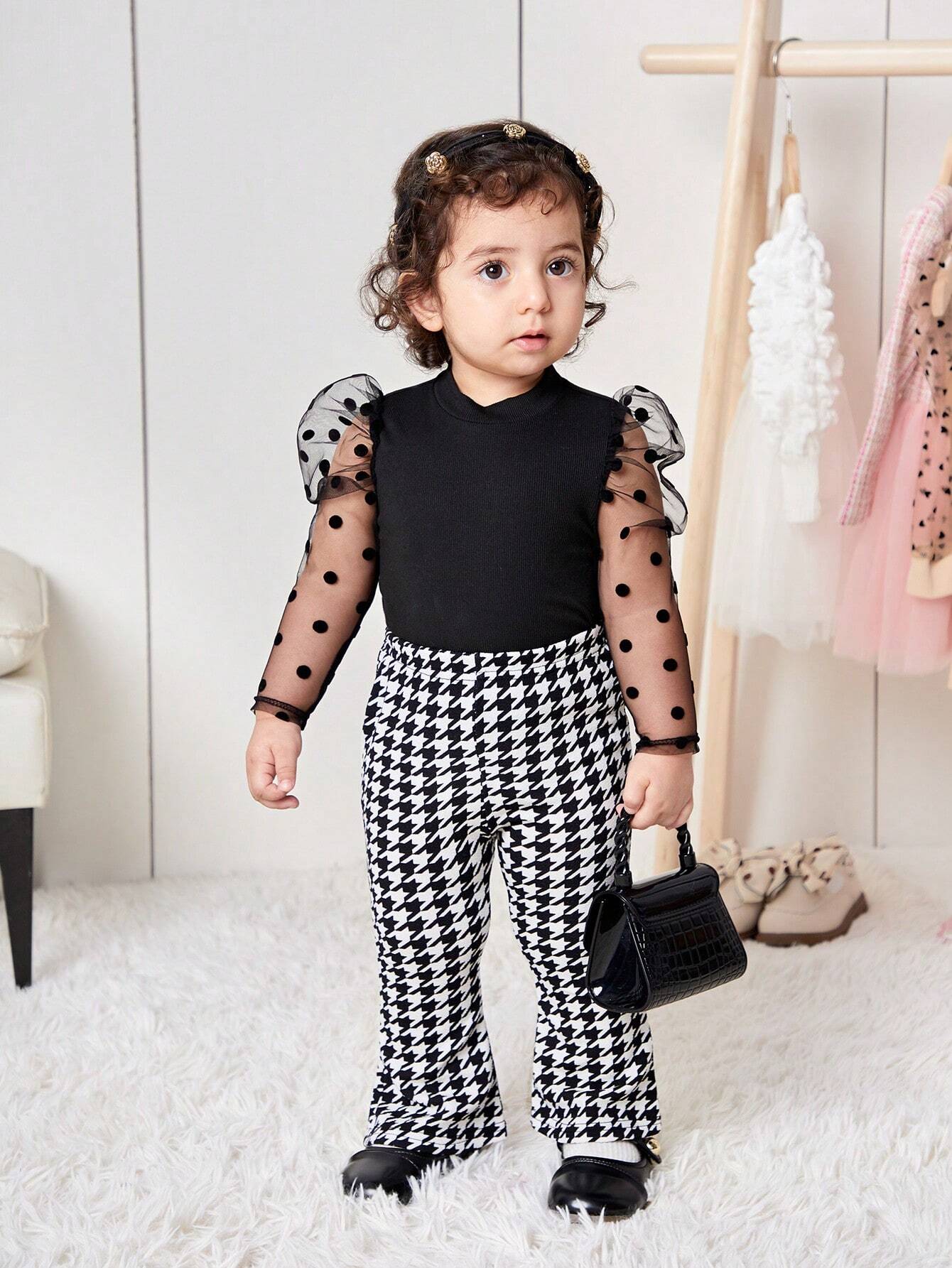2pcs Baby Girl Cute Knit Panel Polka Dot Mesh Top And Houndstooth Flare Pants Set Black