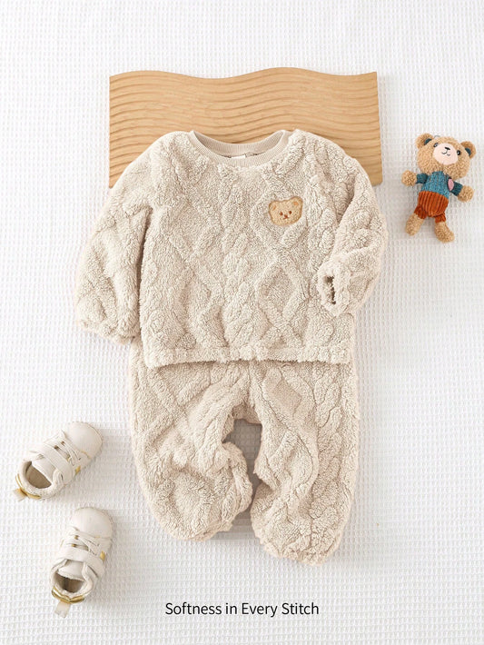 2pcs Set Double-Sided Fleece Diamond Jacquard Crew Neck Sweatshirt And Elastic Cuffs Pants Beige 2-3Y