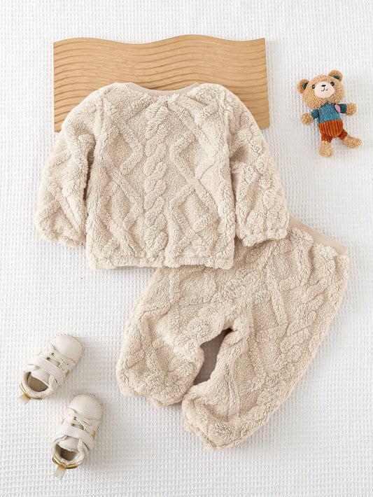 2pcs Set Double-Sided Fleece Diamond Jacquard Crew Neck Sweatshirt And Elastic Cuffs Pants