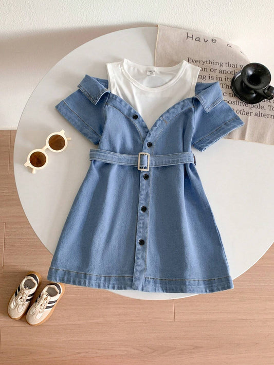 Young Girl Casual Sleeveless Top + Netted Daisy Print Collar Dress Blue