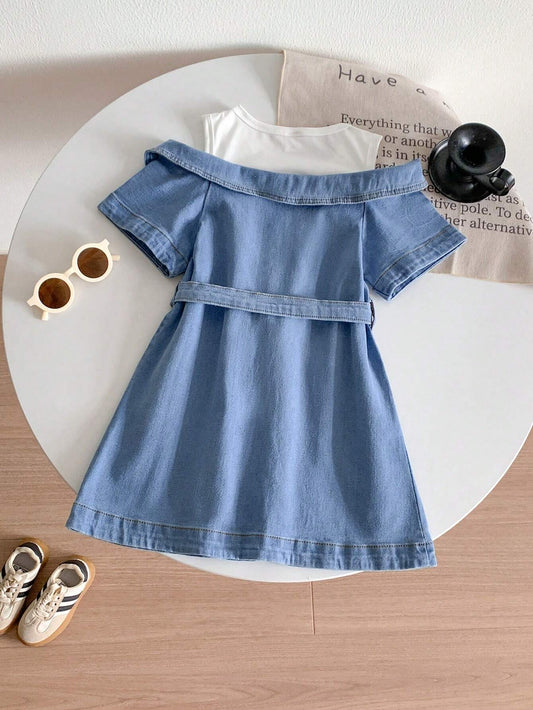 Young Girl Casual Sleeveless Top + Netted Daisy Print Collar Dress