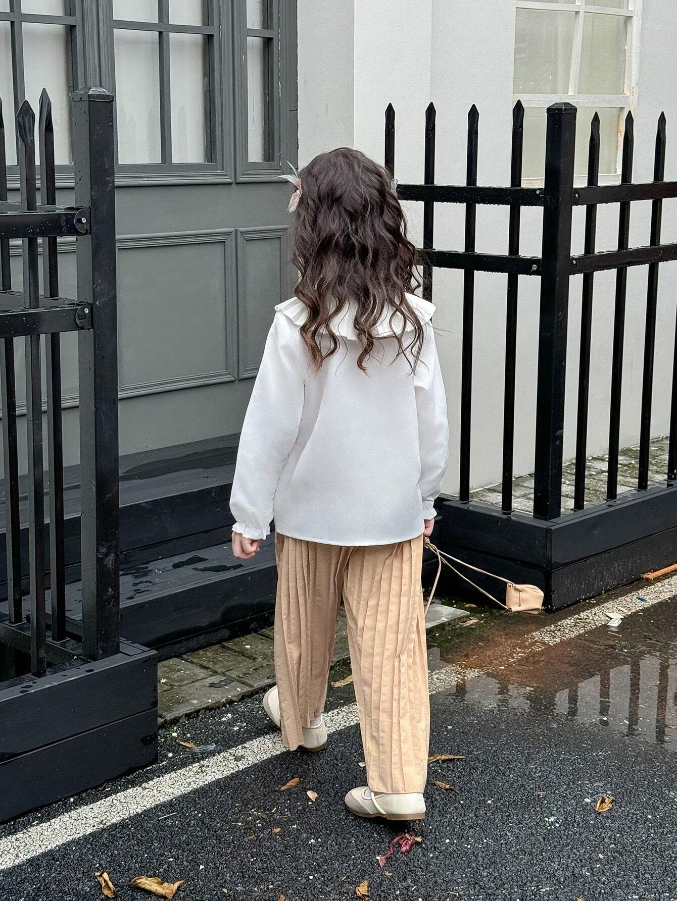 2pcs Young Girl Solid Color Pleated Collar Long Sleeve Casual Top And Pants Set