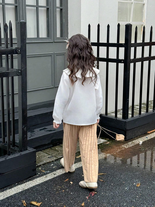 2pcs Young Girl Solid Color Pleated Collar Long Sleeve Casual Top And Pants Set