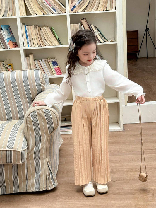 2pcs Young Girl Solid Color Pleated Collar Long Sleeve Casual Top And Pants Set Multicolor