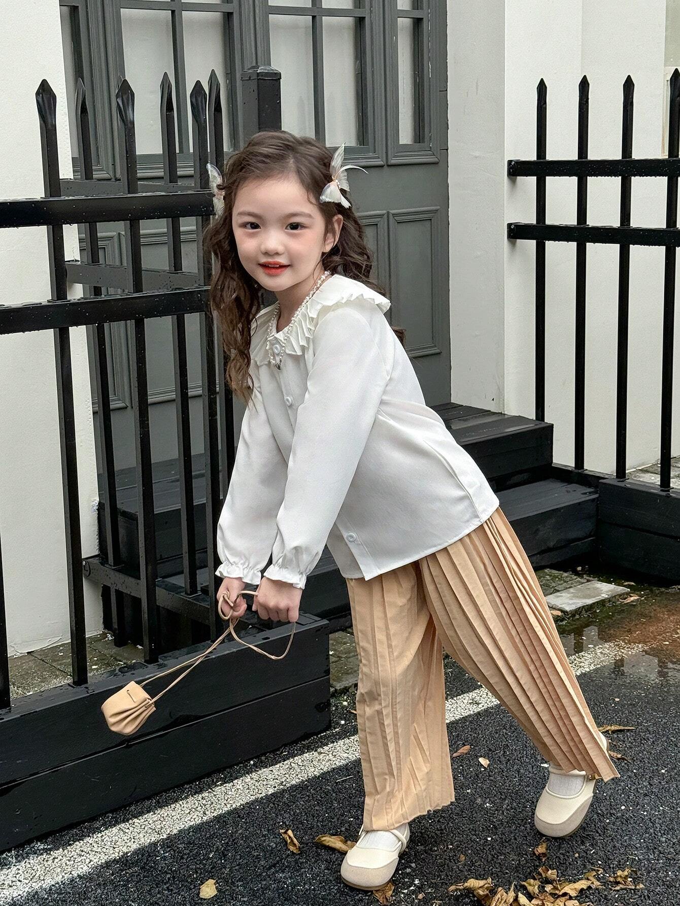 2pcs Young Girl Solid Color Pleated Collar Long Sleeve Casual Top And Pants Set