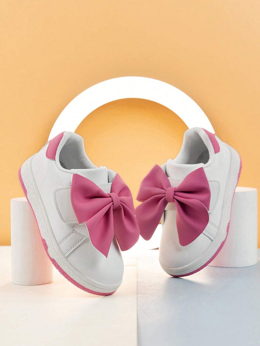 1 Pair Girls Bow Decor Casual Lightweight Non-Slip Sports Shoes White