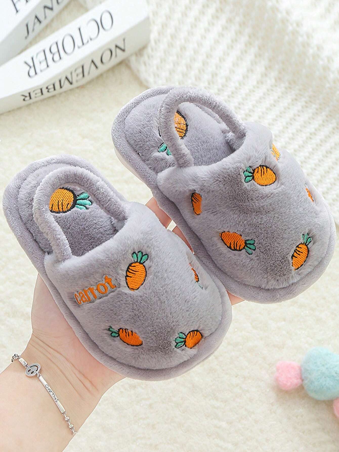 A Pair Of Fashionable And Cute Strawberry Embroidery Decorated Non Slip Warm Slippers Grey