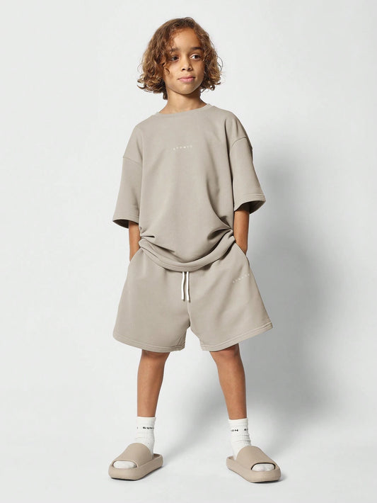 Tween Boys Oversized Fit Short Sleeve Tee And Short With Small Graphic Khaki 9Y