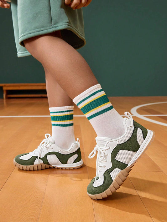 1 Pair Unisex Kids Simple Retro Fluffy Mesh Casual Sneakers Army Green