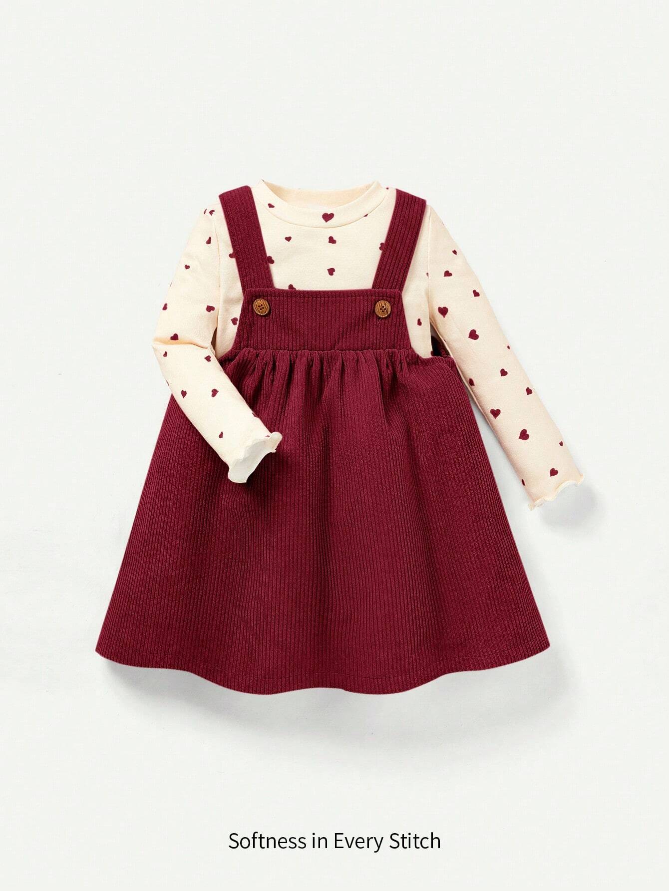 2pcs Baby Girls' Heart Pattern Crew Neck Long Sleeve Top And Bib Skirt Set Red 2-3Y