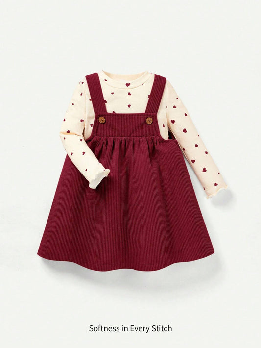 2pcs Baby Girls' Heart Pattern Crew Neck Long Sleeve Top And Bib Skirt Set Red 2-3Y