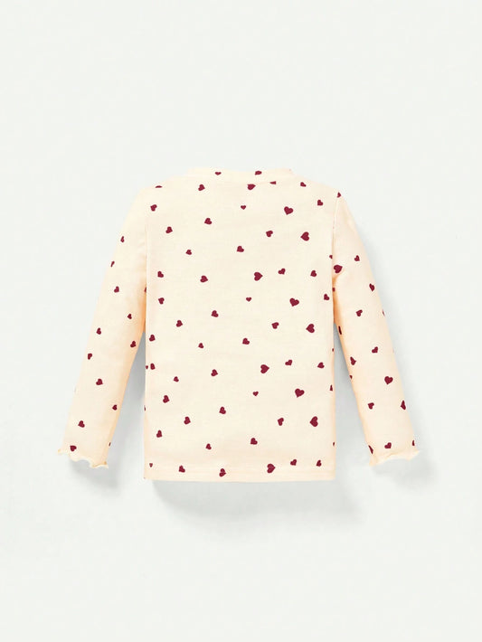 2pcs Baby Girls' Heart Pattern Crew Neck Long Sleeve Top And Bib Skirt Set