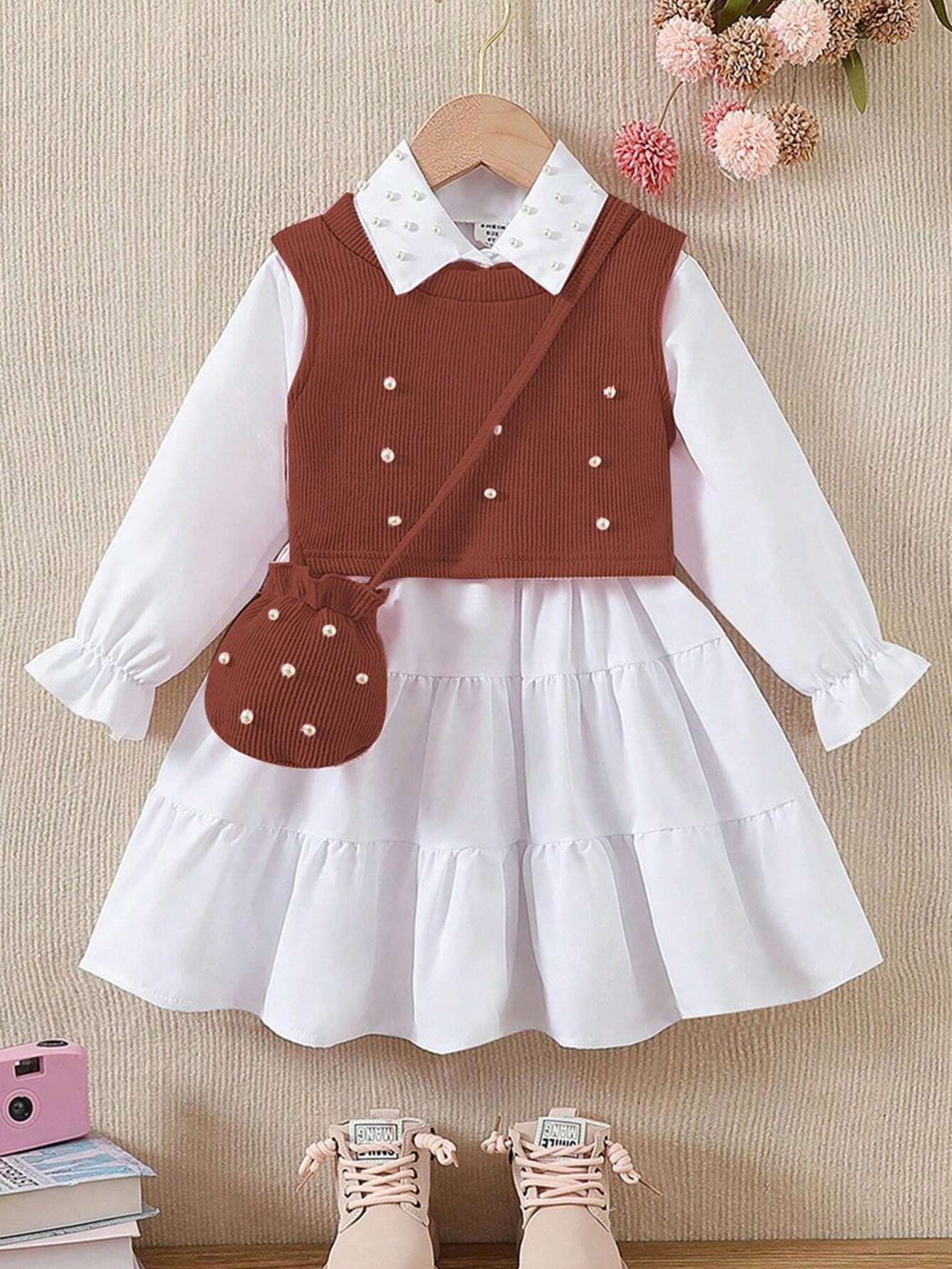 3pcs Young Girl Fashion Elegant Outfit Set Brown