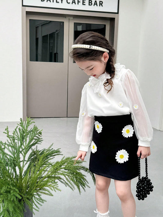 Young Girl's Elegant Fashion Stand Collar Ruffle Organza Blouse Matched With Daisy Applique A-Line Skirt Multicolor