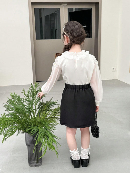 Young Girl's Elegant Fashion Stand Collar Ruffle Organza Blouse Matched With Daisy Applique A-Line Skirt
