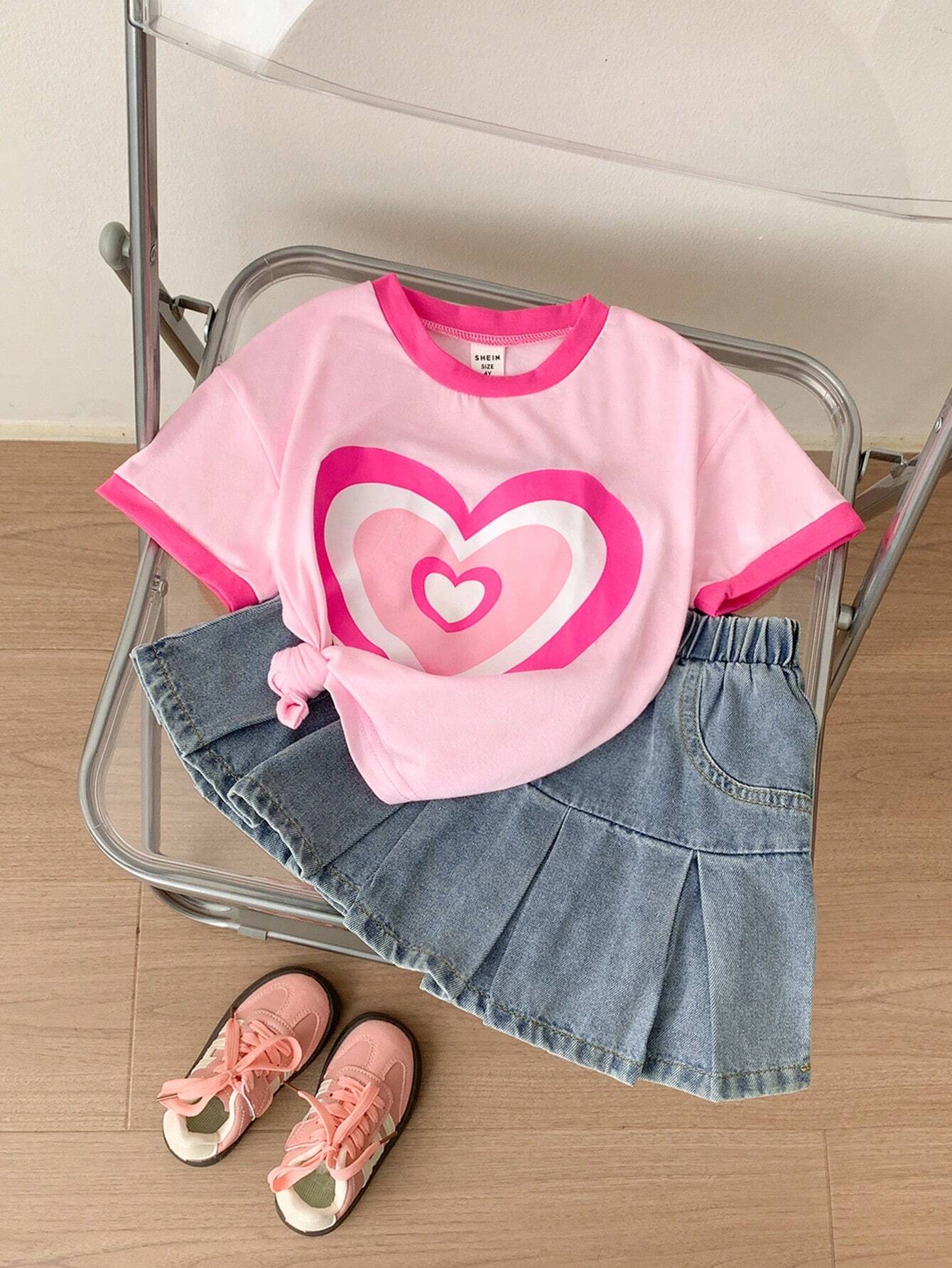Knitted Colorblock Heart Print Short Sleeve Top And Grey-Blue Woven Denim Casual A-Line Skirt 2Pcs/Set Pink