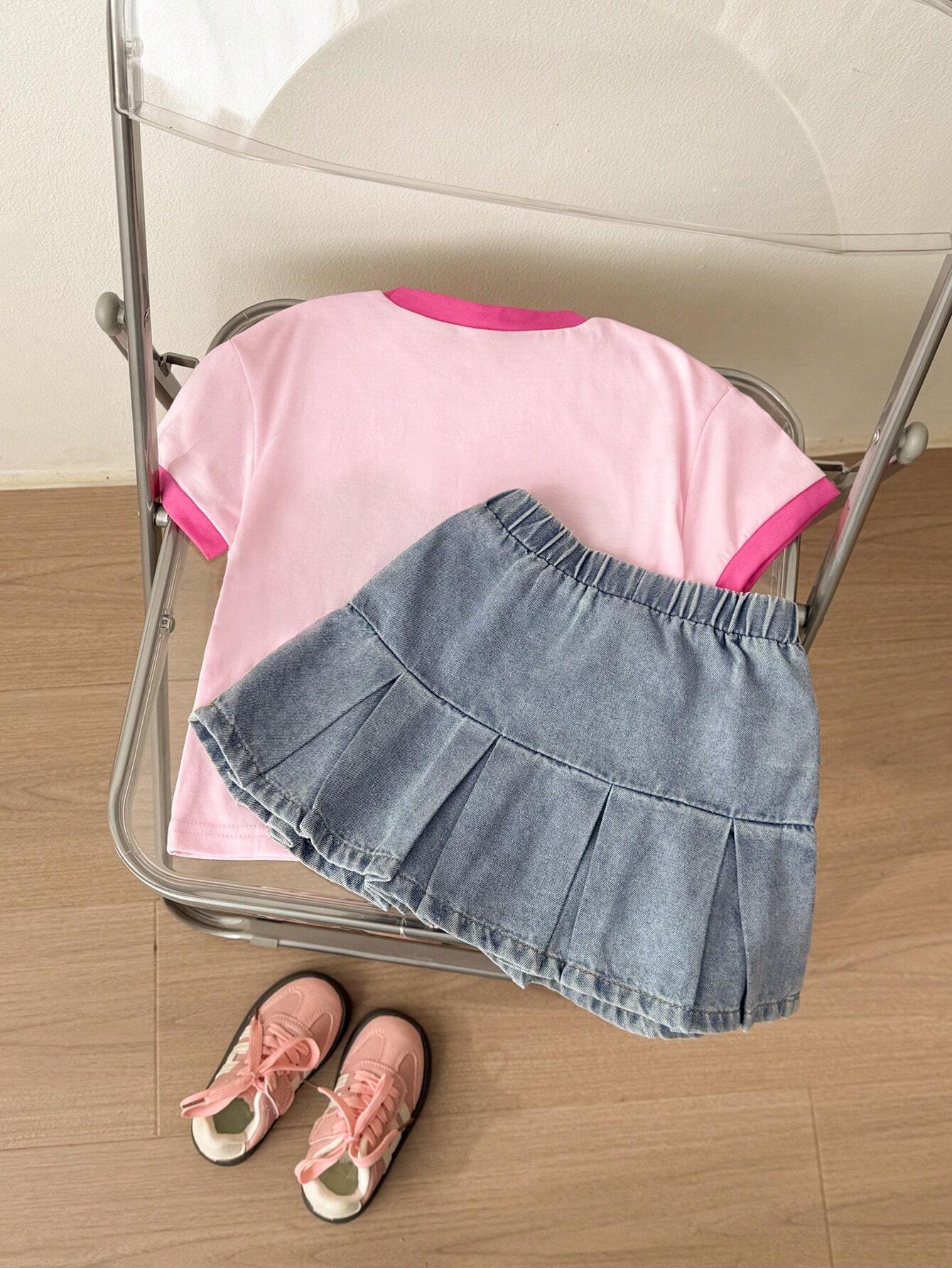 Knitted Colorblock Heart Print Short Sleeve Top And Grey-Blue Woven Denim Casual A-Line Skirt 2Pcs/Set