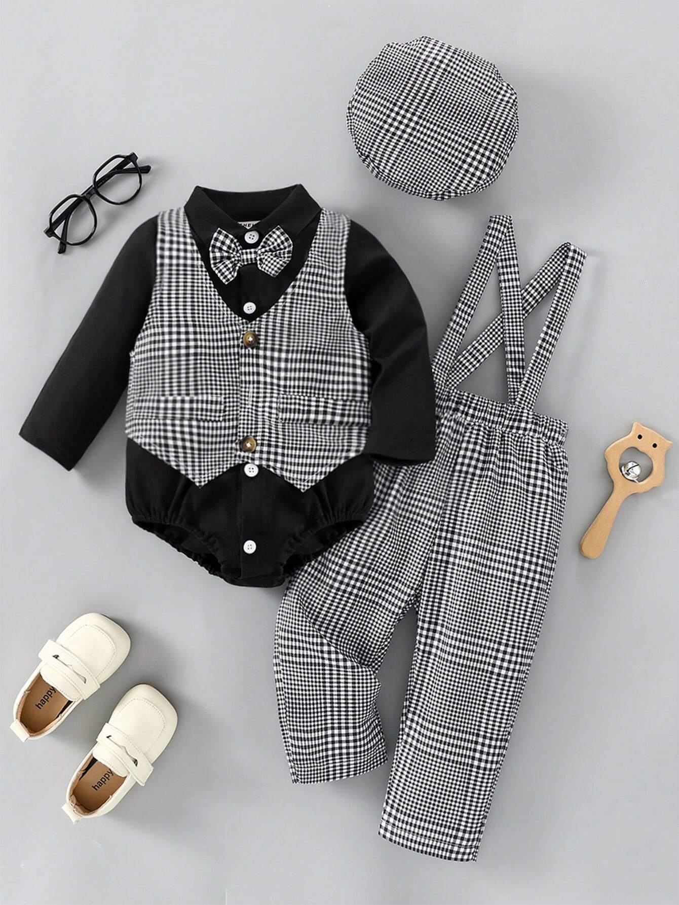 Multiple Pieces Baby Boy's Gentleman Style Buttoned Shirt With Bowtie, Suspender & Long Pants Multicolor 2