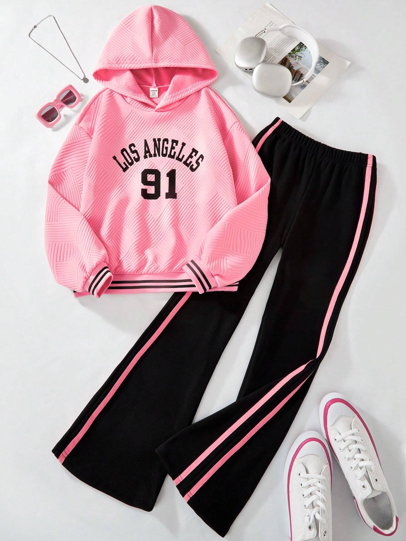Tween Girl Jacquard Hooded Sweatshirt & Velvet Flare Pants Casual Set Pink 12Y