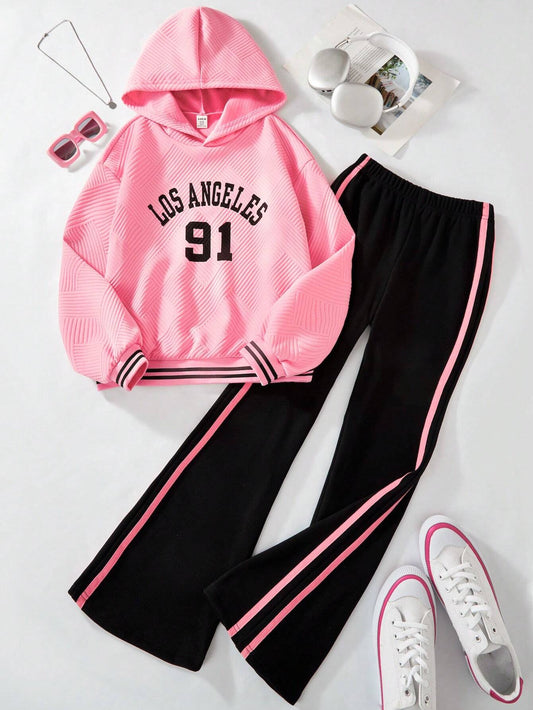 Tween Girl Jacquard Hooded Sweatshirt & Velvet Flare Pants Casual Set Pink 12Y