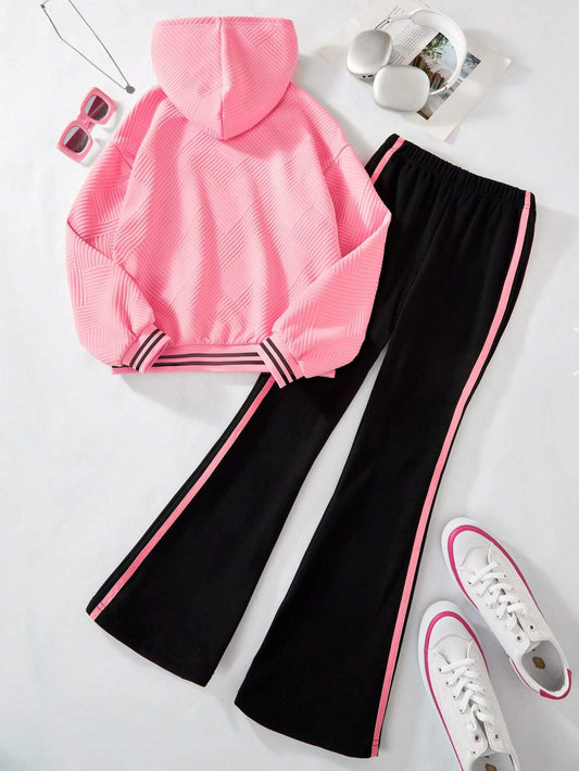 Tween Girl Jacquard Hooded Sweatshirt & Velvet Flare Pants Casual Set